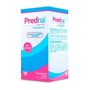 Predna 15 mg/5 mL Solución Oral (Prednisolona), frasco de jarabe corticoide para el tratamiento de inflamaciones, alergias severas, asma, enfermedades autoinmunes y como inmunosupresor en niños y adultos.