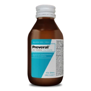 Preveral con Codeína 3 mg - 10 mg/5 mL Solución Oral, jarabe con antihistamínico y Codeína para el tratamiento de la tos seca irritativa y persistente asociada a cuadros alérgicos o resfriados severos.
