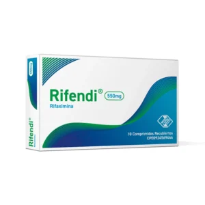 Rifendi Comprimidos Recubiertos (Rifaximina), caja de antibiótico no absorbible para el tratamiento de infecciones gastrointestinales, diarrea del viajero y para reducir el riesgo de encefalopatía hepática.