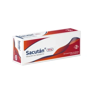 Sacután 50 mg Comprimidos Recubiertos (Valsartán con Sacubitrilo), caja de medicamento inhibidor de neprilisina y bloqueador de receptores de angiotensina (ARNI) para el tratamiento de la insuficiencia cardíaca crónica con fracción de eyección reducida.