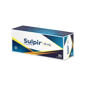 Sulpir 25 mg Comprimidos (Levosulpiride), caja de medicamento procinético y regulador digestivo para el tratamiento de la dispepsia, síndrome de intestino irritable y trastornos de la motilidad gástrica.