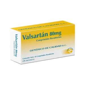 Valsartán 80 mg Comprimidos Recubiertos, caja de medicamento genérico ARA II para el tratamiento de la hipertensión arterial leve a moderada, insuficiencia cardíaca y post-infarto.