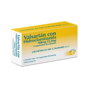 Valsartán 160 mg Comprimidos Recubiertos, caja de medicamento genérico ARA II para el control de la hipertensión arterial moderada a severa, insuficiencia cardíaca y manejo post-infarto del miocardio.