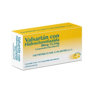Valsartán 80 mg con Hidroclorotiazida 12,5 mg Comprimidos Recubiertos, caja de medicamento combinado (ARA II + Diurético) para el control efectivo de la hipertensión arterial.